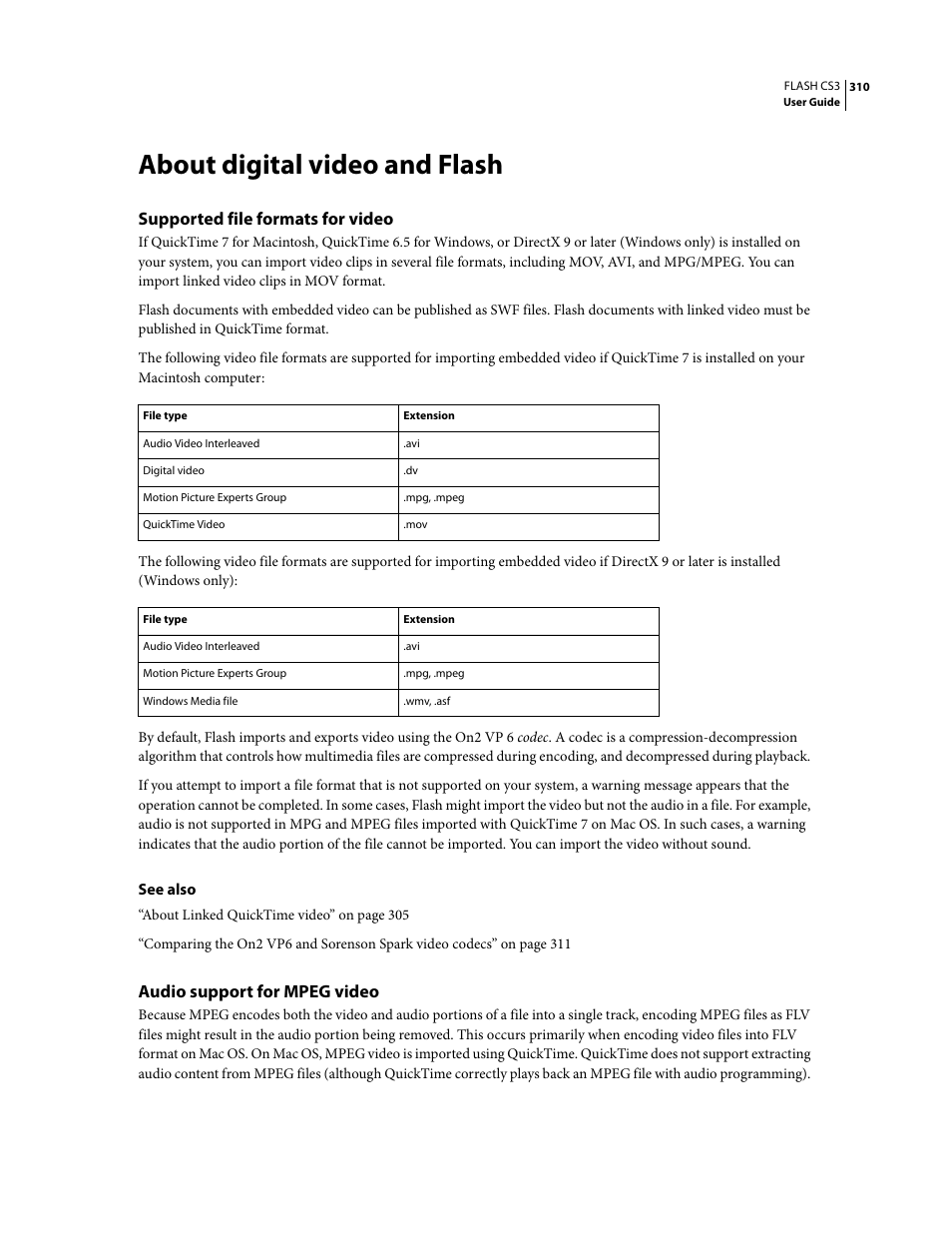 About digital video and flash, Supported file formats for video, Audio support for mpeg video | Adobe Flash Professional CS3 User Manual | Page 316 / 527