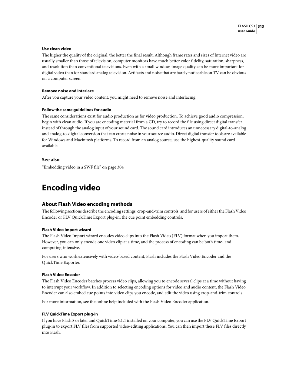 Encoding video, About flash video encoding methods | Adobe Flash Professional CS3 User Manual | Page 319 / 527