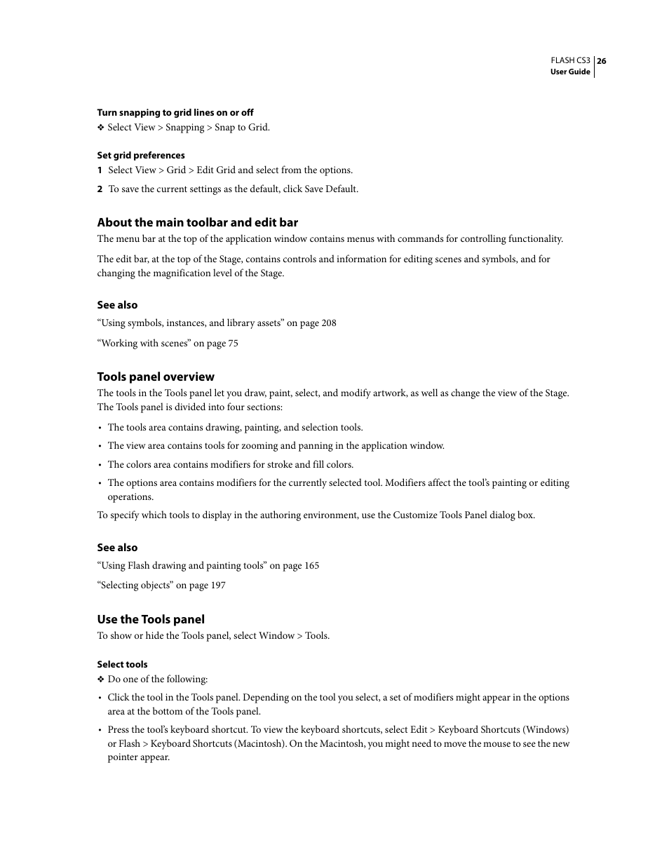About the main toolbar and edit bar, Tools panel overview, Use the tools panel | Adobe Flash Professional CS3 User Manual | Page 32 / 527