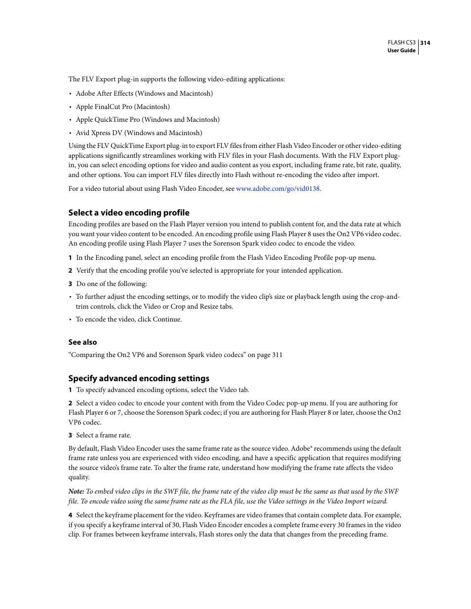 Select a video encoding profile, Specify advanced encoding settings | Adobe Flash Professional CS3 User Manual | Page 320 / 527