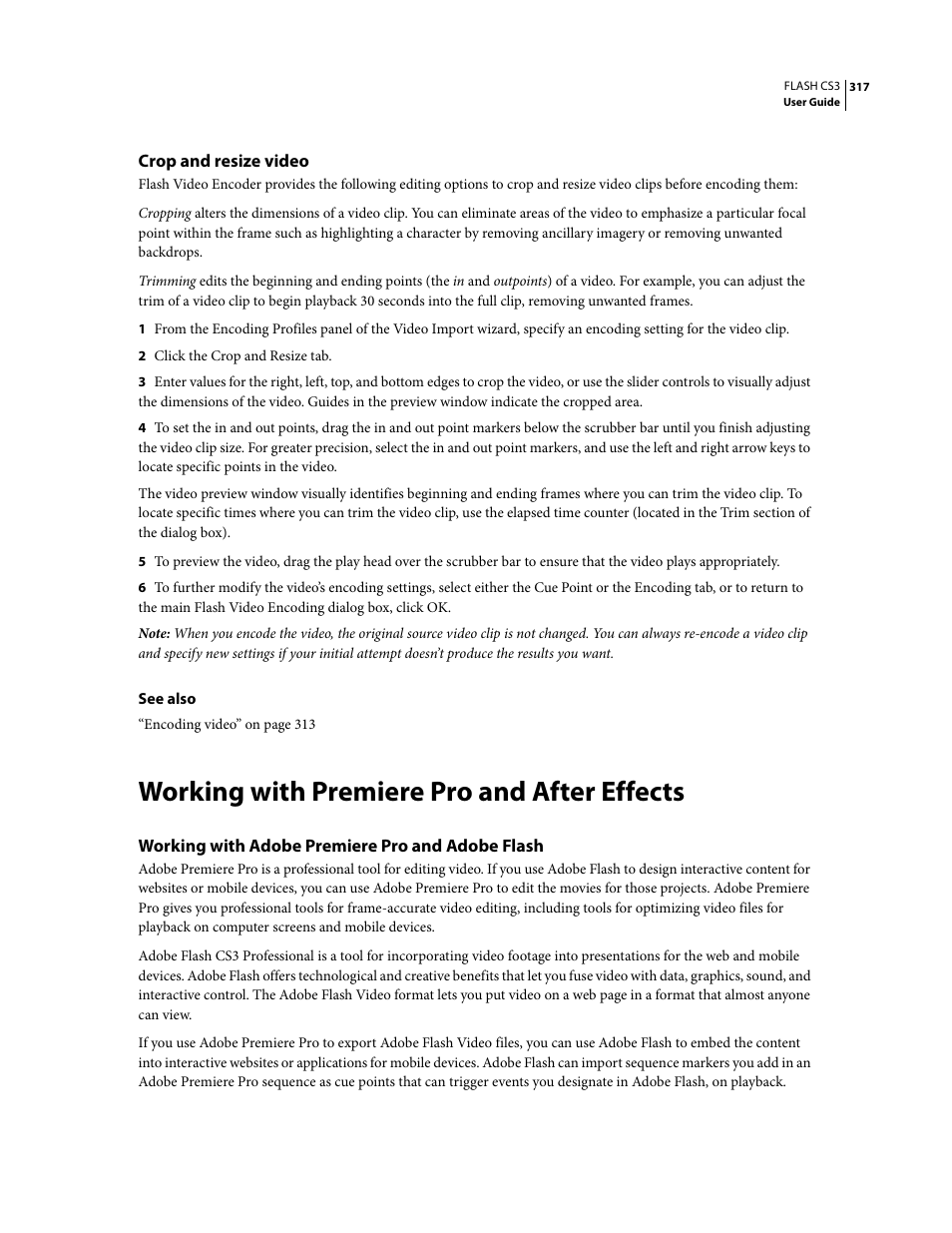 Crop and resize video, Working with premiere pro and after effects, Working with adobe premiere pro and adobe flash | Adobe Flash Professional CS3 User Manual | Page 323 / 527
