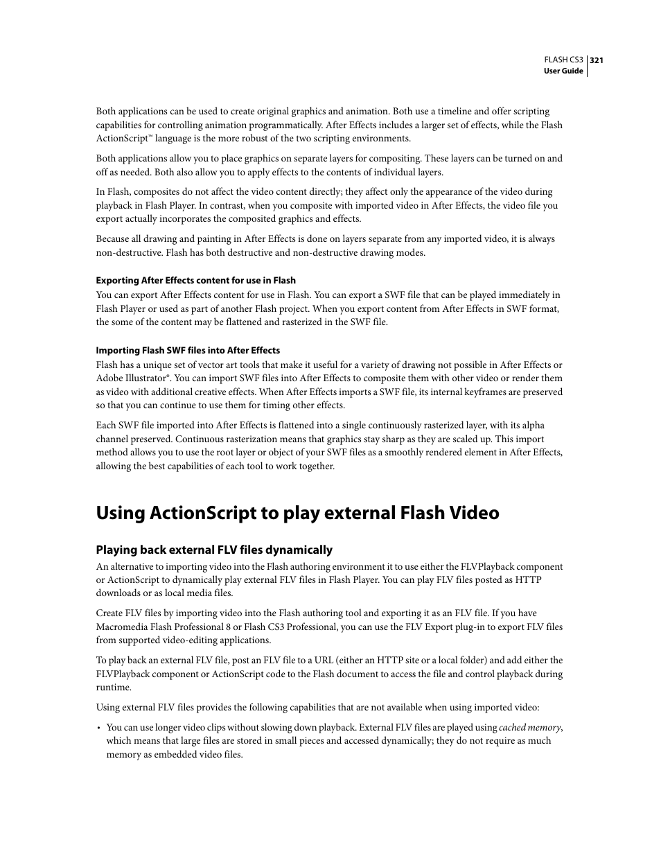 Using actionscript to play external flash video, Playing back external flv files dynamically | Adobe Flash Professional CS3 User Manual | Page 327 / 527