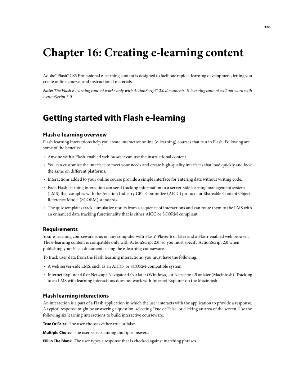 Chapter 16: creating e-learning content, Getting started with flash e-learning, Flash e-learning overview | Requirements, Flash learning interactions | Adobe Flash Professional CS3 User Manual | Page 332 / 527