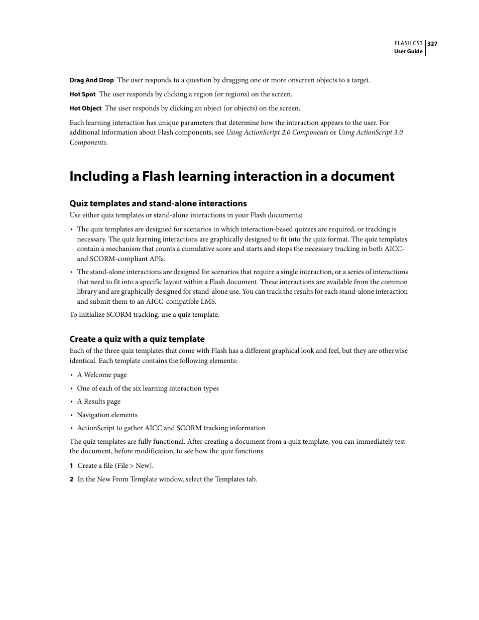 Quiz templates and stand-alone interactions, Create a quiz with a quiz template | Adobe Flash Professional CS3 User Manual | Page 333 / 527