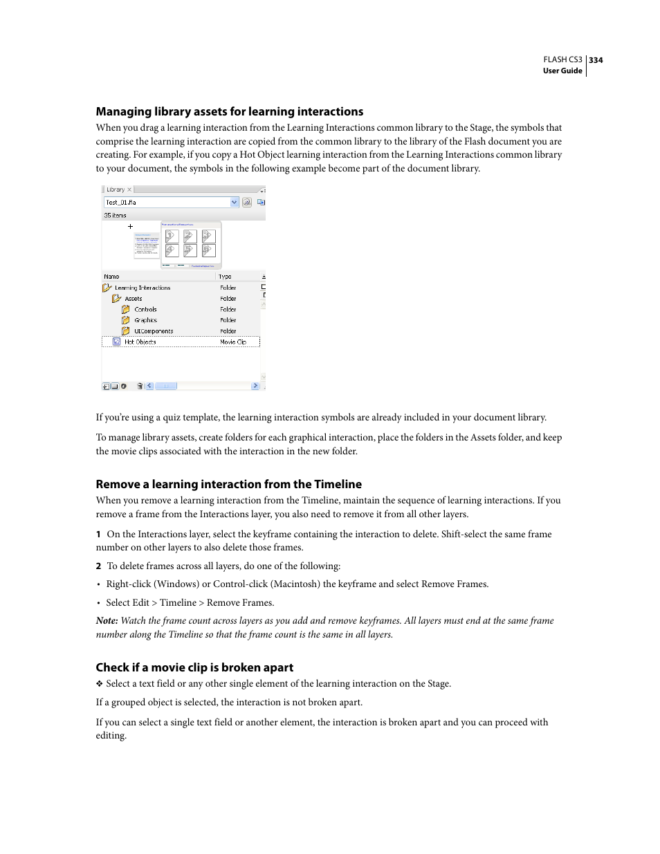 Managing library assets for learning interactions, Remove a learning interaction from the timeline, Check if a movie clip is broken apart | Adobe Flash Professional CS3 User Manual | Page 340 / 527