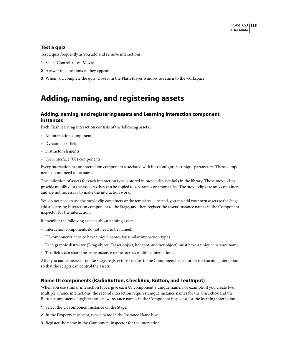 Test a quiz, Adding, naming, and registering assets | Adobe Flash Professional CS3 User Manual | Page 341 / 527