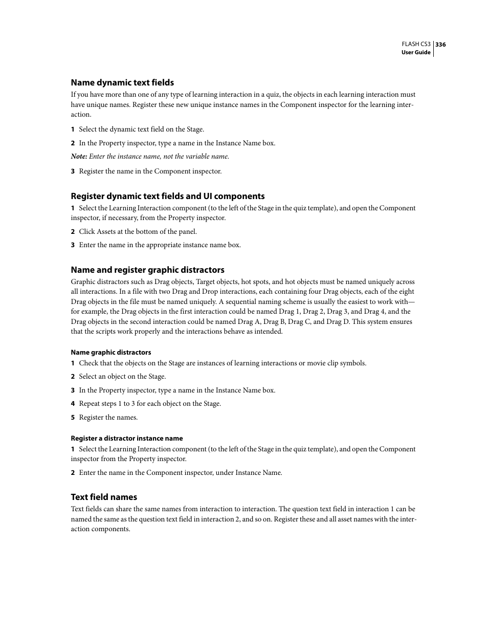 Name dynamic text fields, Register dynamic text fields and ui components, Name and register graphic distractors | Text field names | Adobe Flash Professional CS3 User Manual | Page 342 / 527