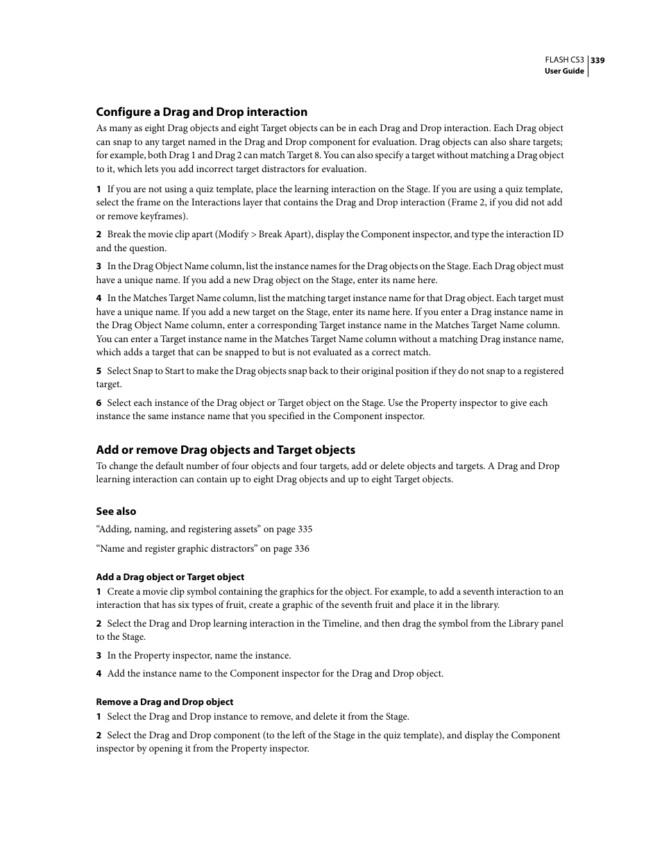 Configure a drag and drop interaction, Add or remove drag objects and target objects | Adobe Flash Professional CS3 User Manual | Page 345 / 527