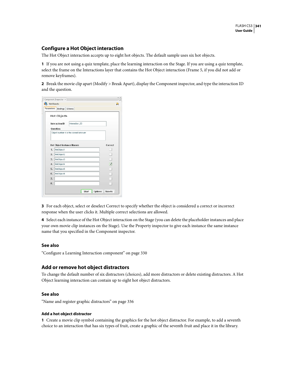 Configure a hot object interaction, Add or remove hot object distractors | Adobe Flash Professional CS3 User Manual | Page 347 / 527