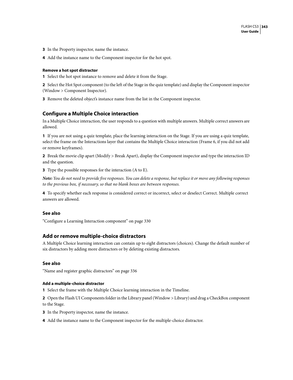 Configure a multiple choice interaction, Add or remove multiple-choice distractors | Adobe Flash Professional CS3 User Manual | Page 349 / 527