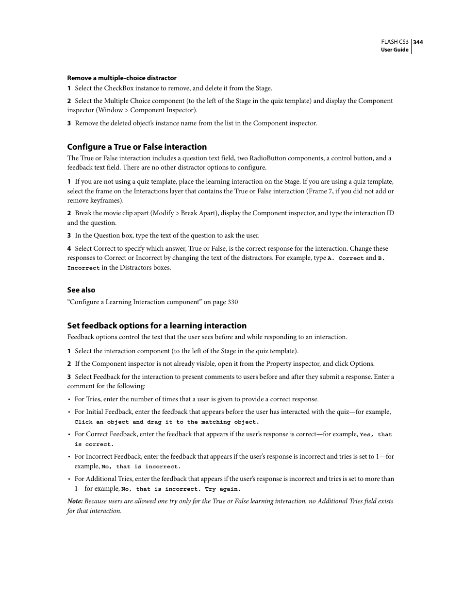 Configure a true or false interaction, Set feedback options for a learning interaction | Adobe Flash Professional CS3 User Manual | Page 350 / 527