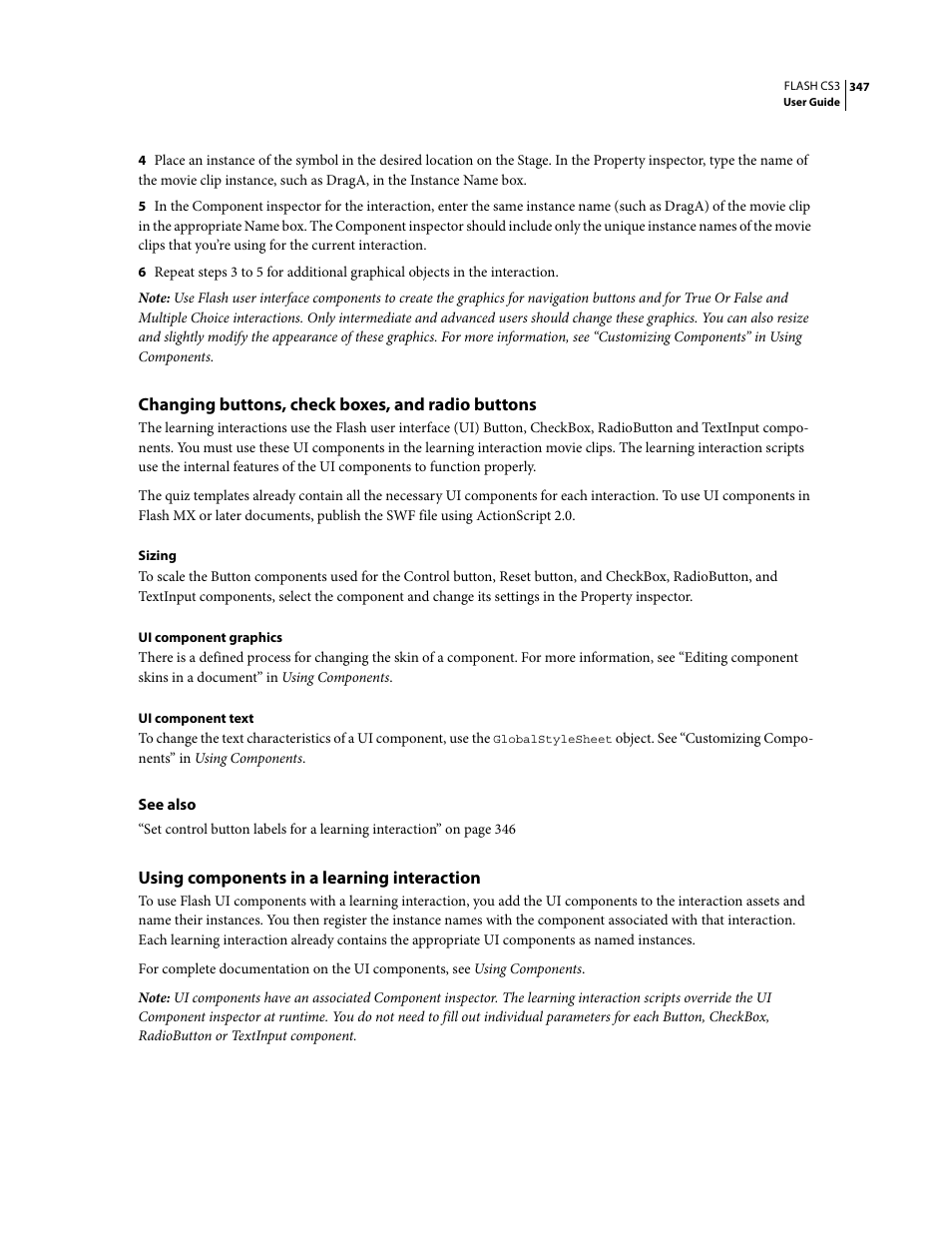 Changing buttons, check boxes, and radio buttons, Using components in a learning interaction | Adobe Flash Professional CS3 User Manual | Page 353 / 527