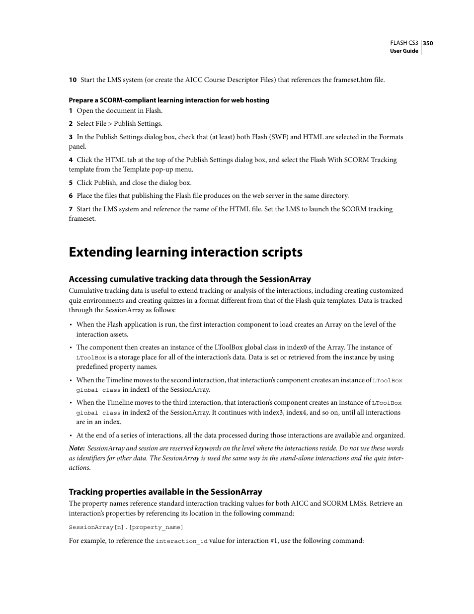 Extending learning interaction scripts, Tracking properties available in the sessionarray | Adobe Flash Professional CS3 User Manual | Page 356 / 527