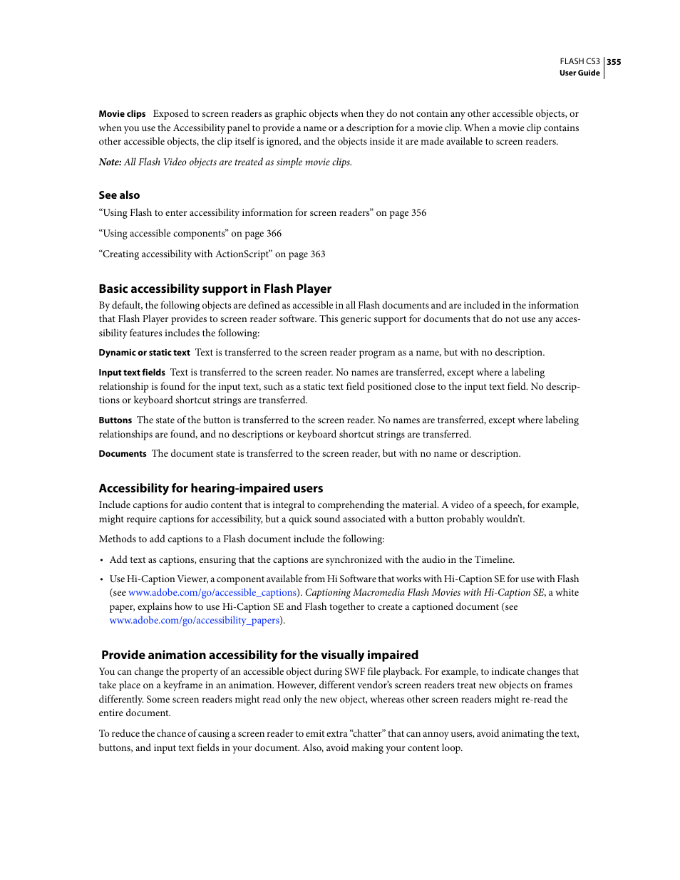 Basic accessibility support in flash player, Accessibility for hearing-impaired users | Adobe Flash Professional CS3 User Manual | Page 361 / 527