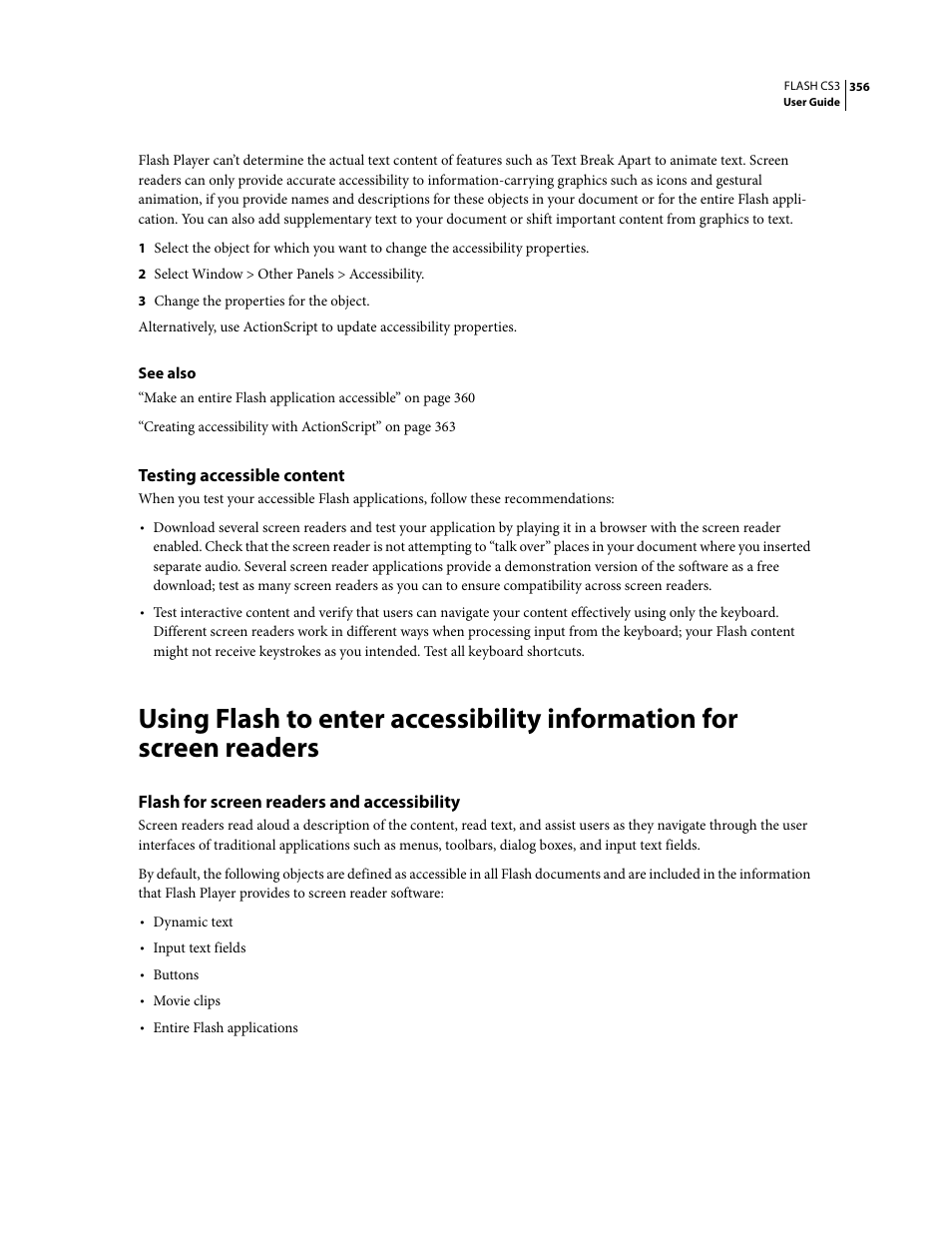 Testing accessible content, Flash for screen readers and accessibility | Adobe Flash Professional CS3 User Manual | Page 362 / 527