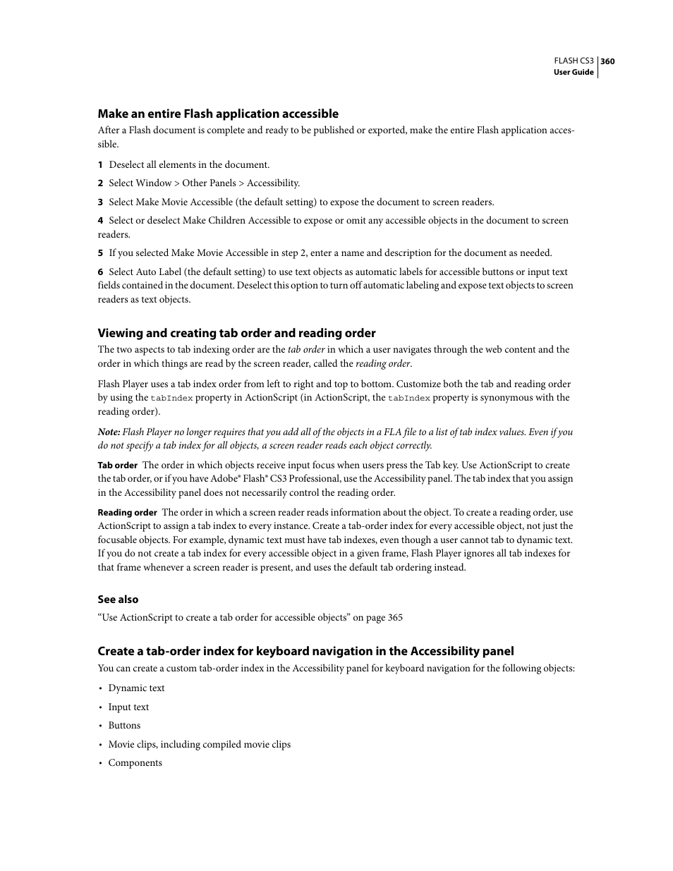 Make an entire flash application accessible, Viewing and creating tab order and reading order | Adobe Flash Professional CS3 User Manual | Page 366 / 527