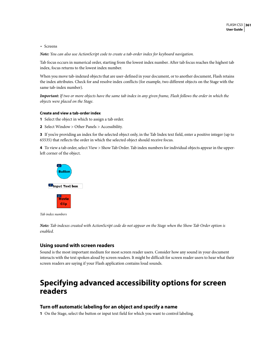 Using sound with screen readers | Adobe Flash Professional CS3 User Manual | Page 367 / 527