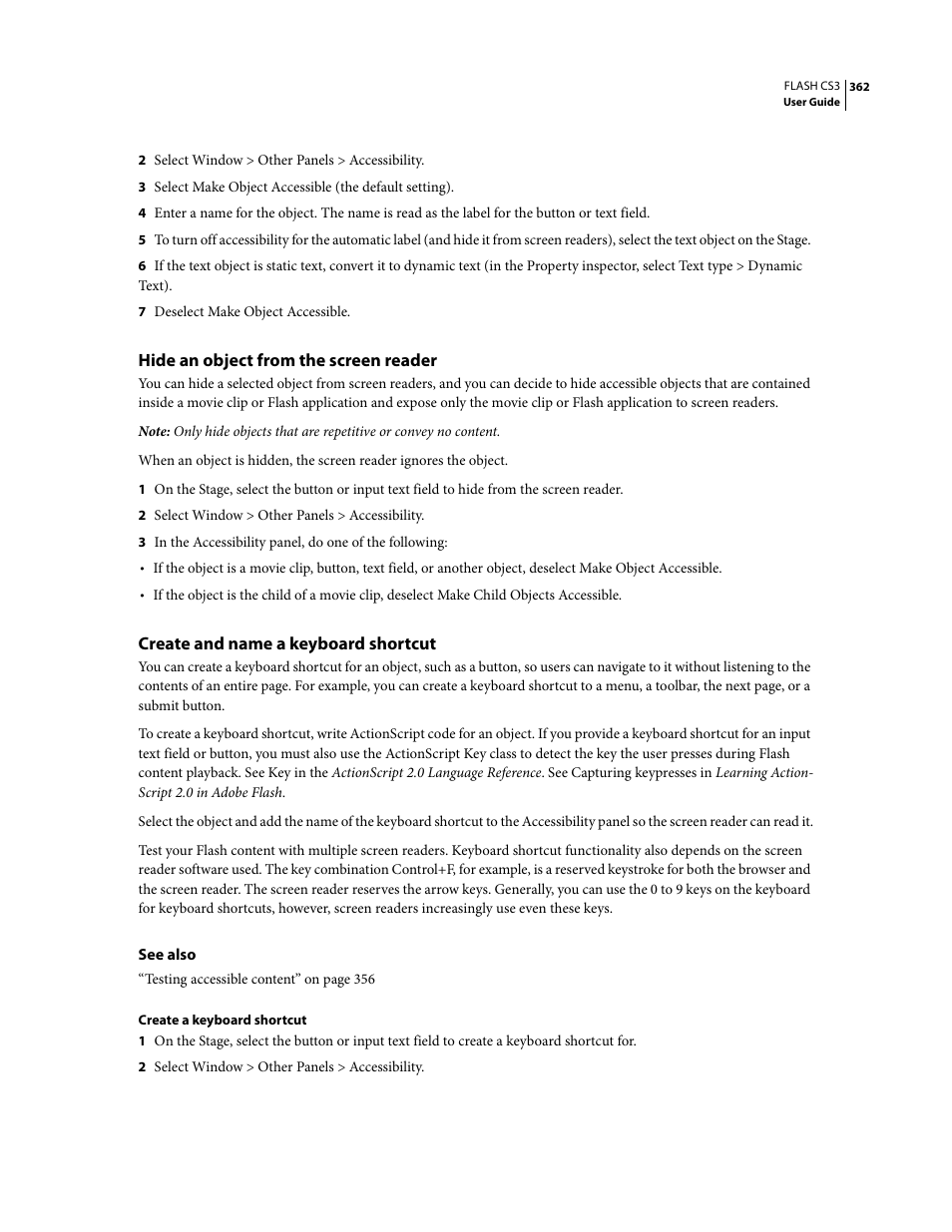 Hide an object from the screen reader, Create and name a keyboard shortcut | Adobe Flash Professional CS3 User Manual | Page 368 / 527