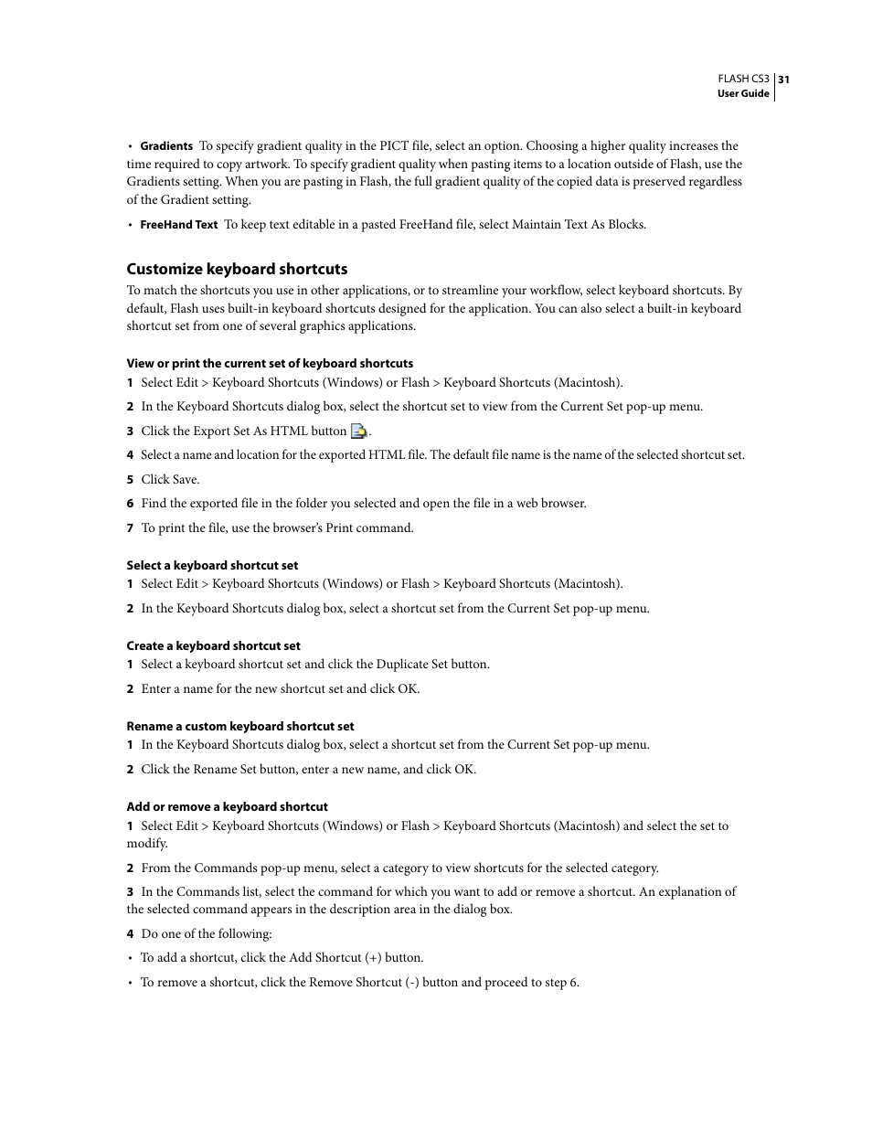 Customize keyboard shortcuts | Adobe Flash Professional CS3 User Manual | Page 37 / 527