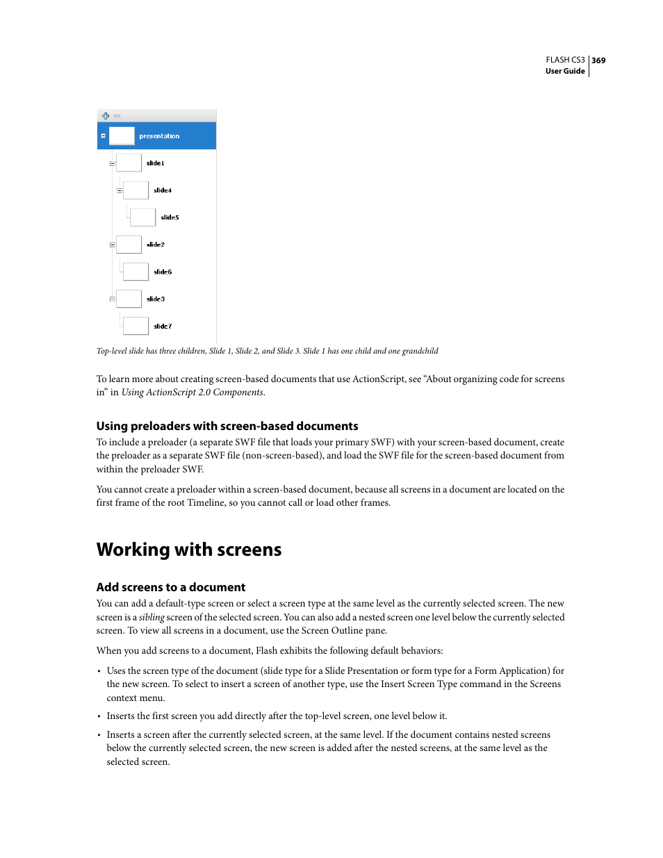 Using preloaders with screen-based documents, Working with screens, Add screens to a document | Adobe Flash Professional CS3 User Manual | Page 375 / 527