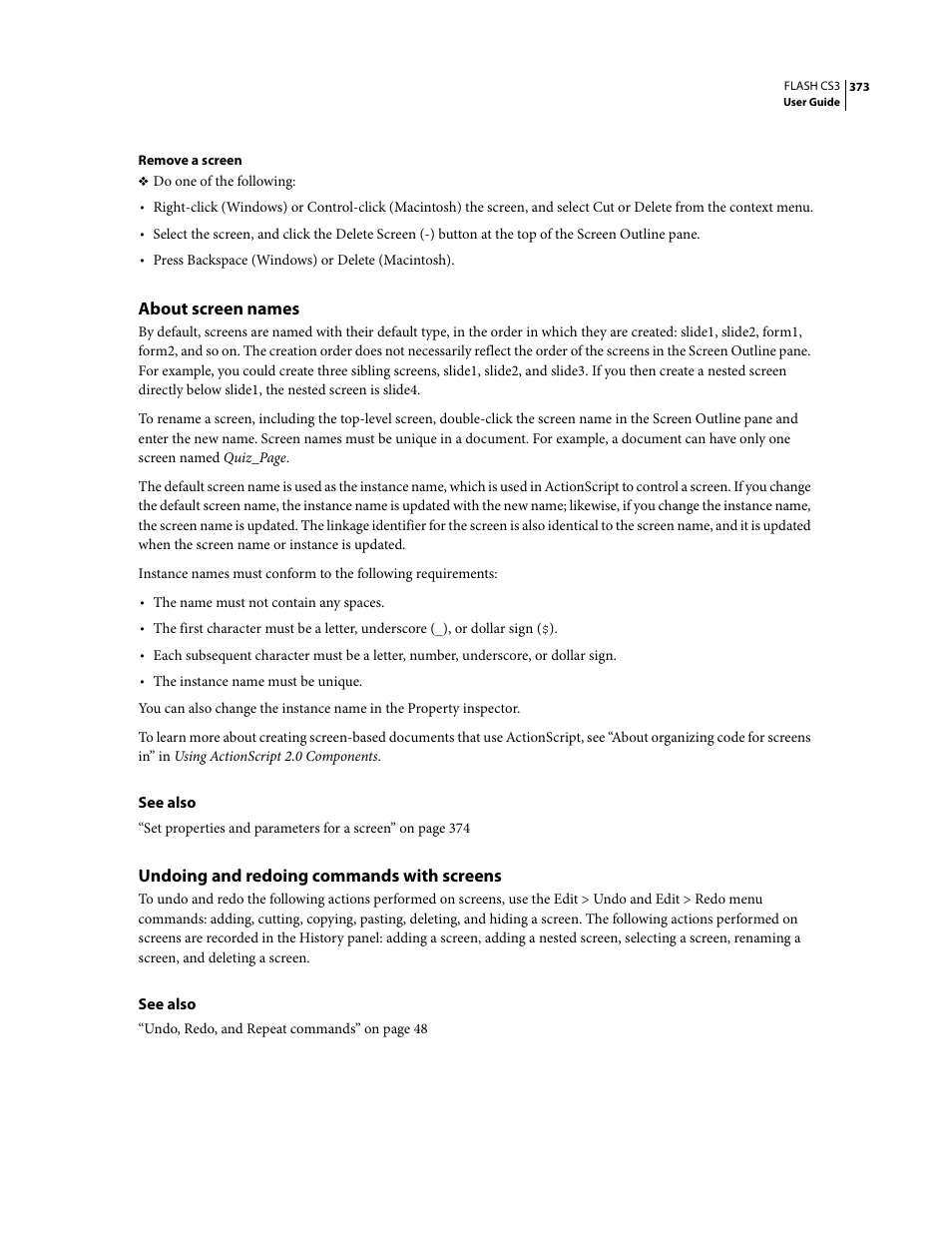 About screen names, Undoing and redoing commands with screens | Adobe Flash Professional CS3 User Manual | Page 379 / 527