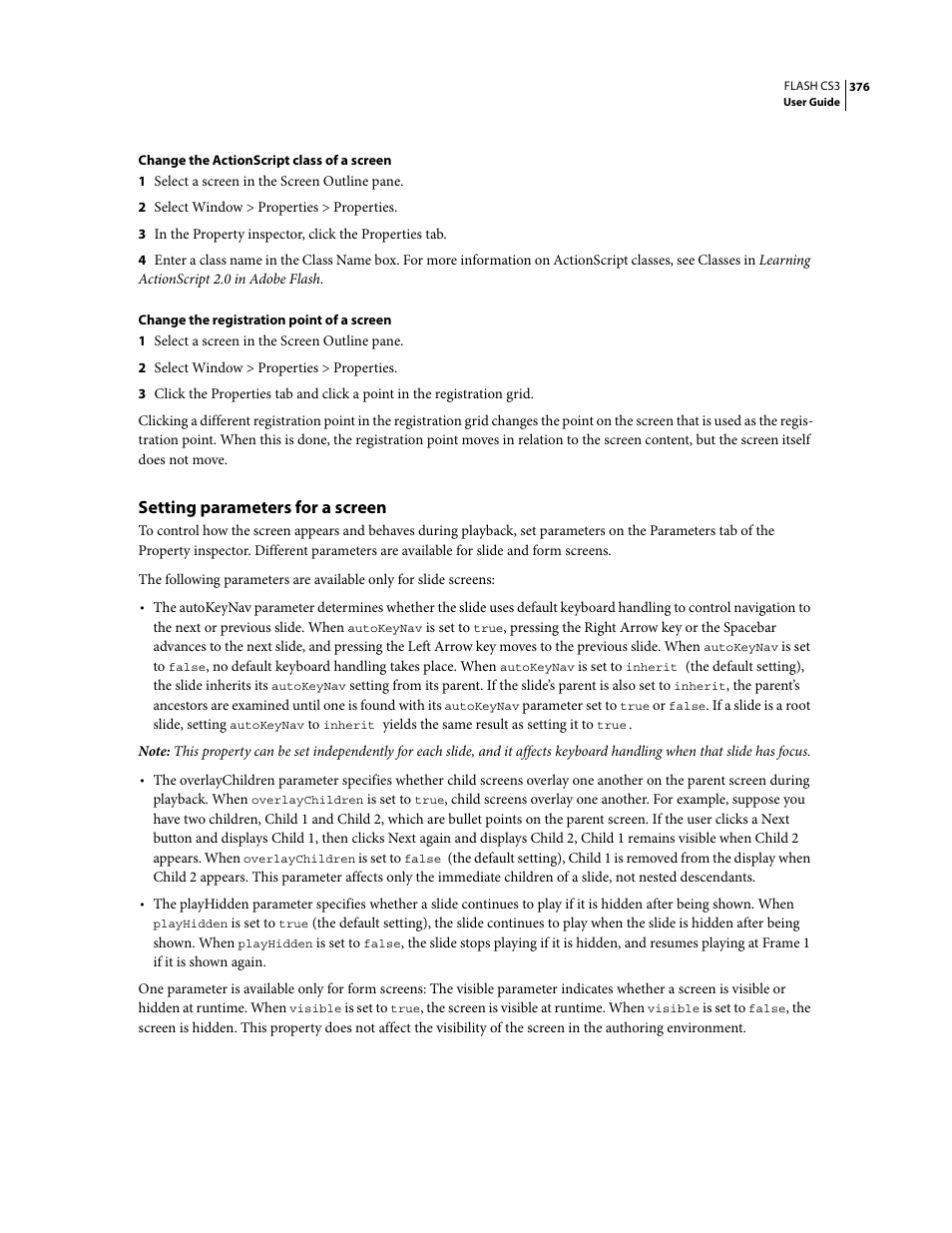 Setting parameters for a screen | Adobe Flash Professional CS3 User Manual | Page 382 / 527