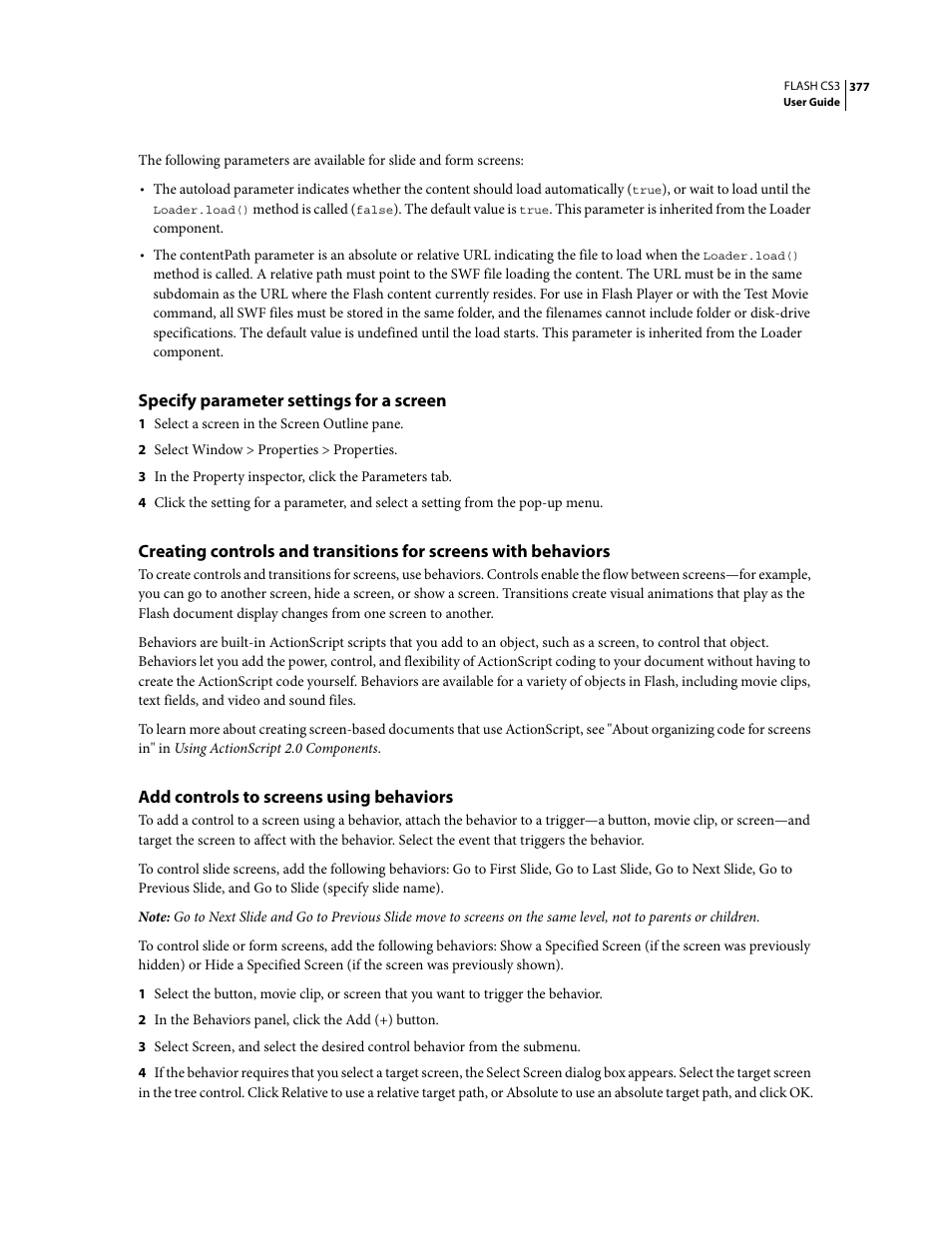 Specify parameter settings for a screen, Add controls to screens using behaviors | Adobe Flash Professional CS3 User Manual | Page 383 / 527