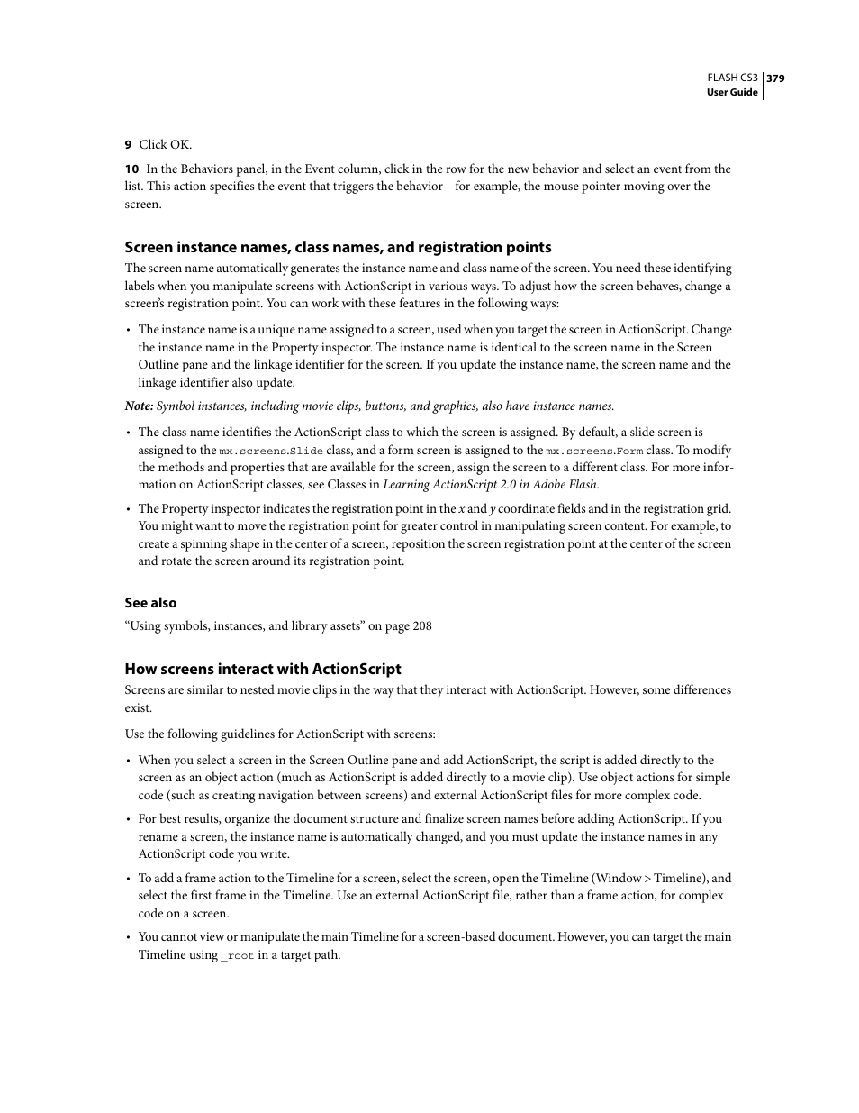 How screens interact with actionscript | Adobe Flash Professional CS3 User Manual | Page 385 / 527