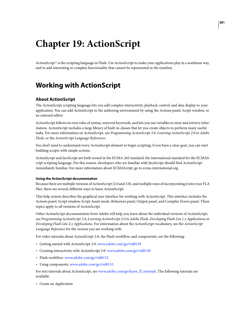 Chapter 19: actionscript, Working with actionscript, About actionscript | Adobe Flash Professional CS3 User Manual | Page 387 / 527