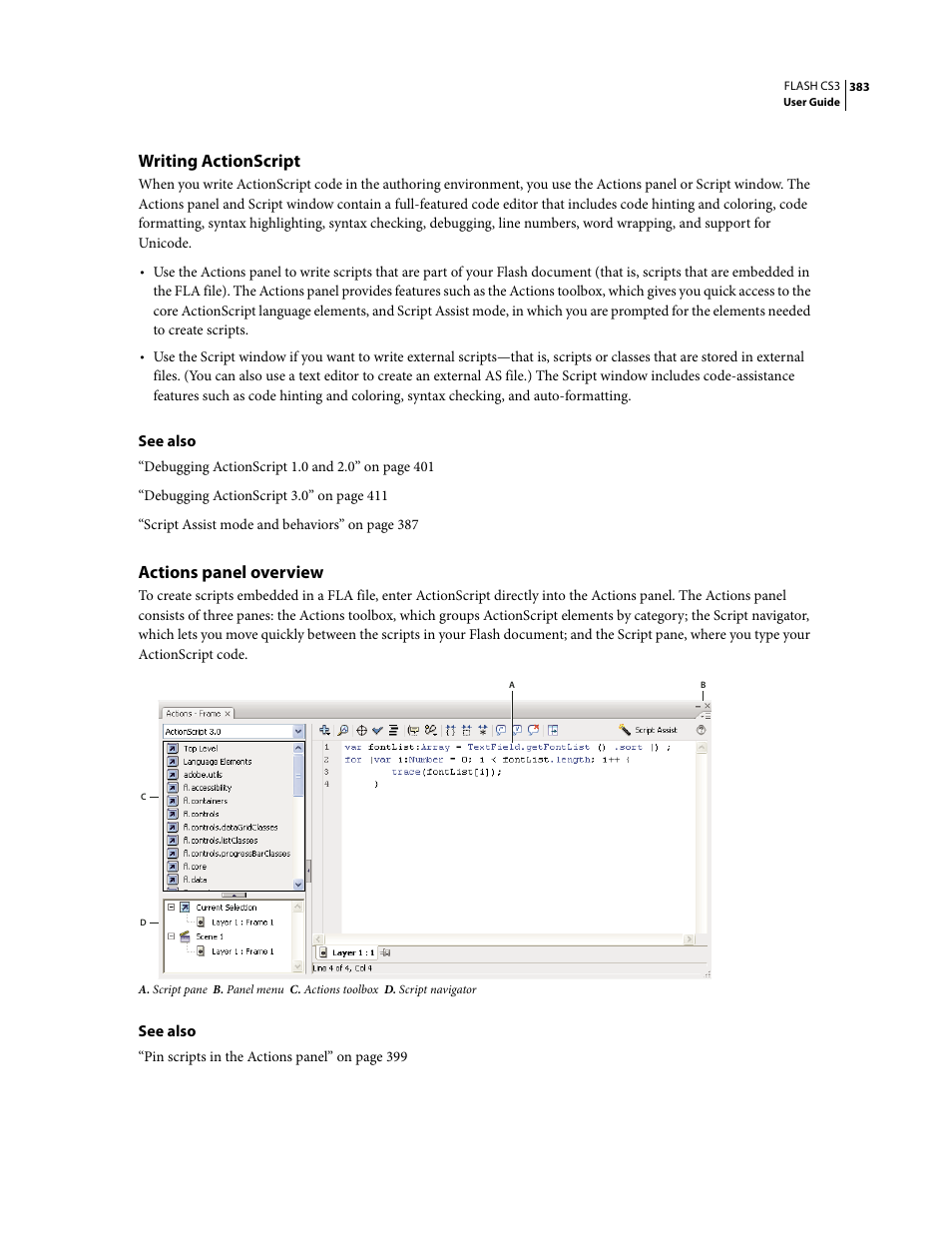 Writing actionscript, Actions panel overview | Adobe Flash Professional CS3 User Manual | Page 389 / 527