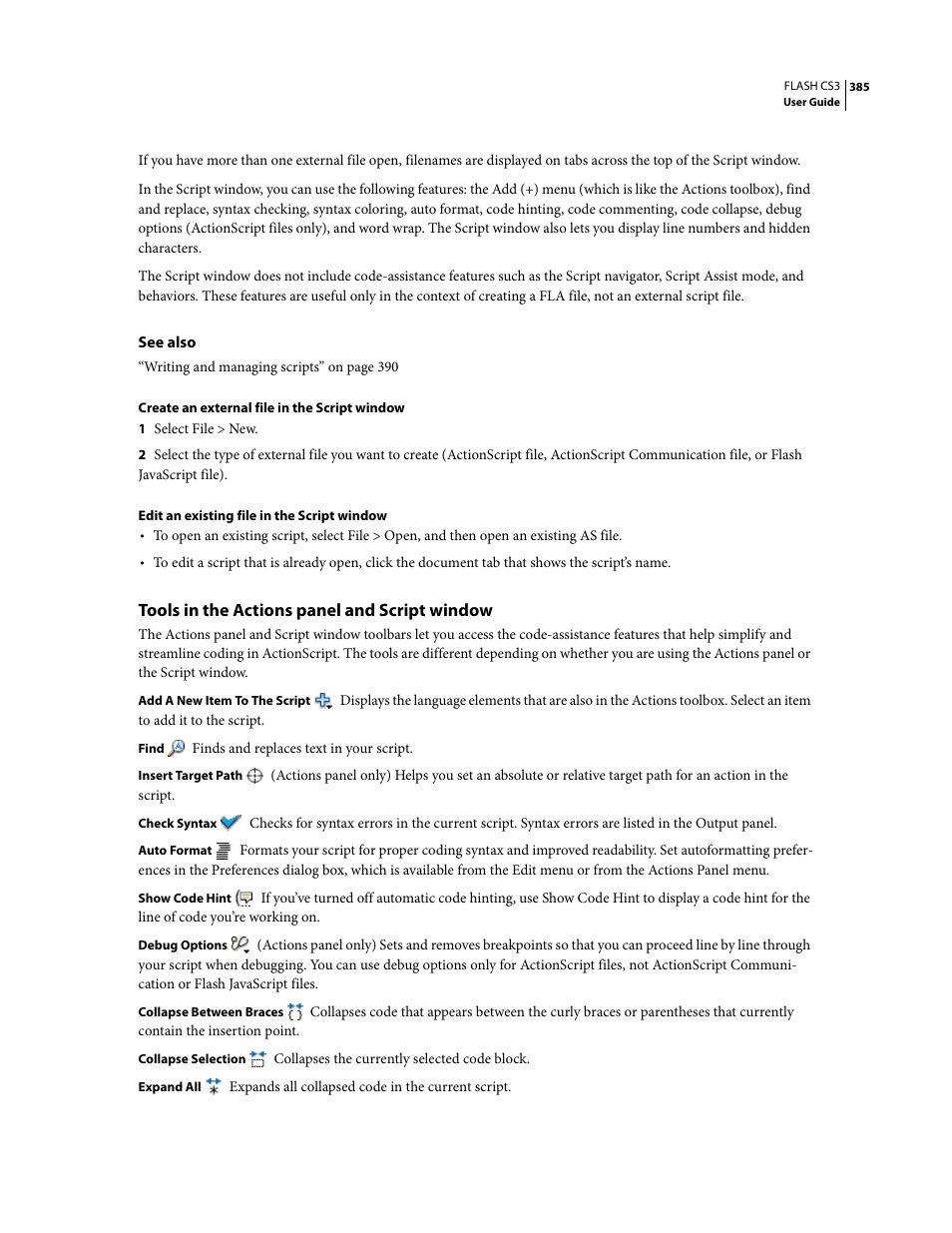 Tools in the actions panel and script window | Adobe Flash Professional CS3 User Manual | Page 391 / 527