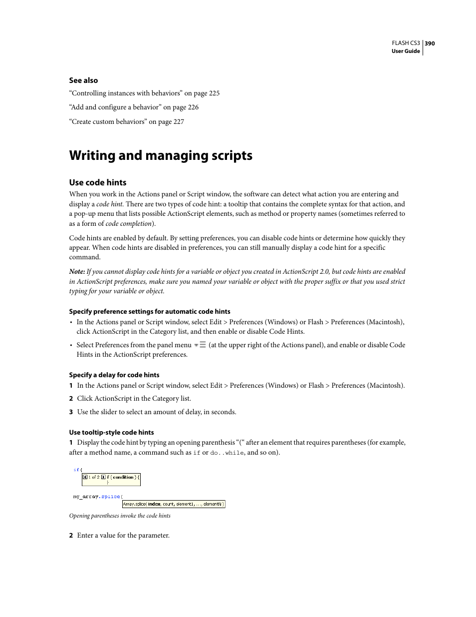 Writing and managing scripts, Use code hints | Adobe Flash Professional CS3 User Manual | Page 396 / 527