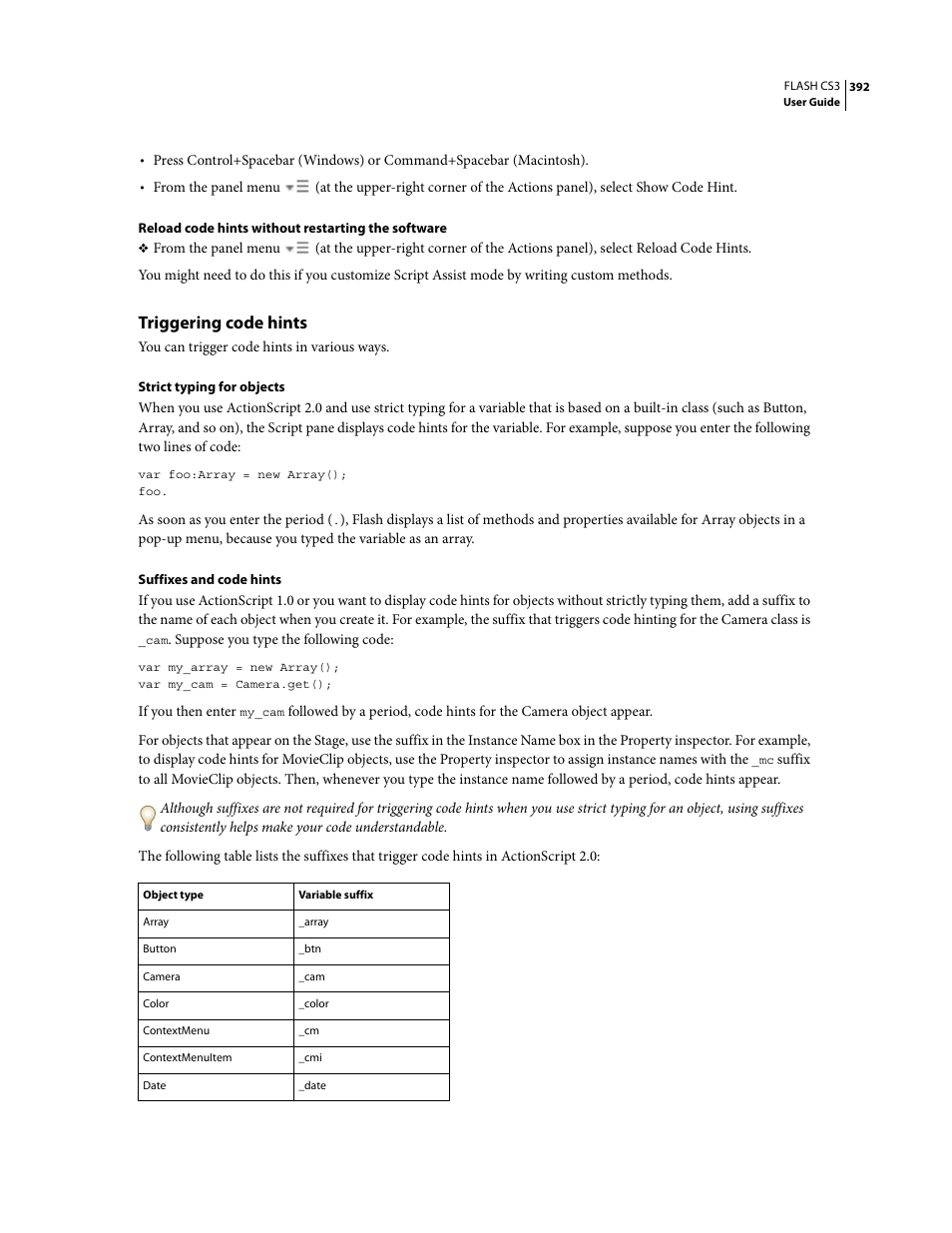 Triggering code hints | Adobe Flash Professional CS3 User Manual | Page 398 / 527