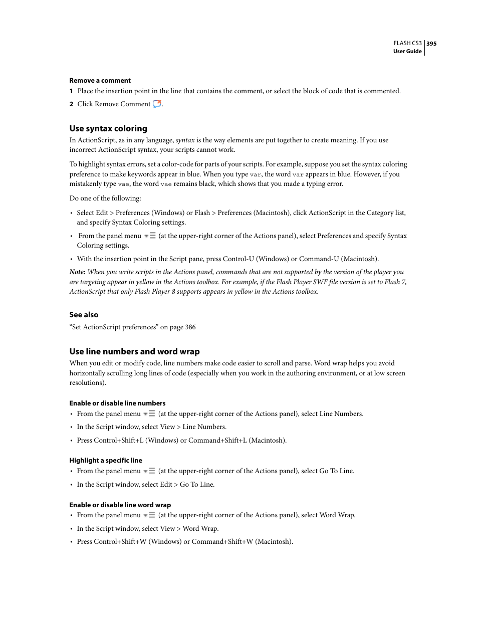 Use syntax coloring, Use line numbers and word wrap | Adobe Flash Professional CS3 User Manual | Page 401 / 527