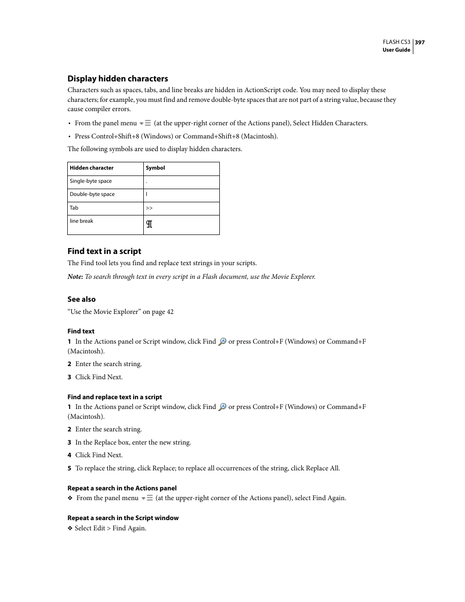 Display hidden characters, Find text in a script | Adobe Flash Professional CS3 User Manual | Page 403 / 527