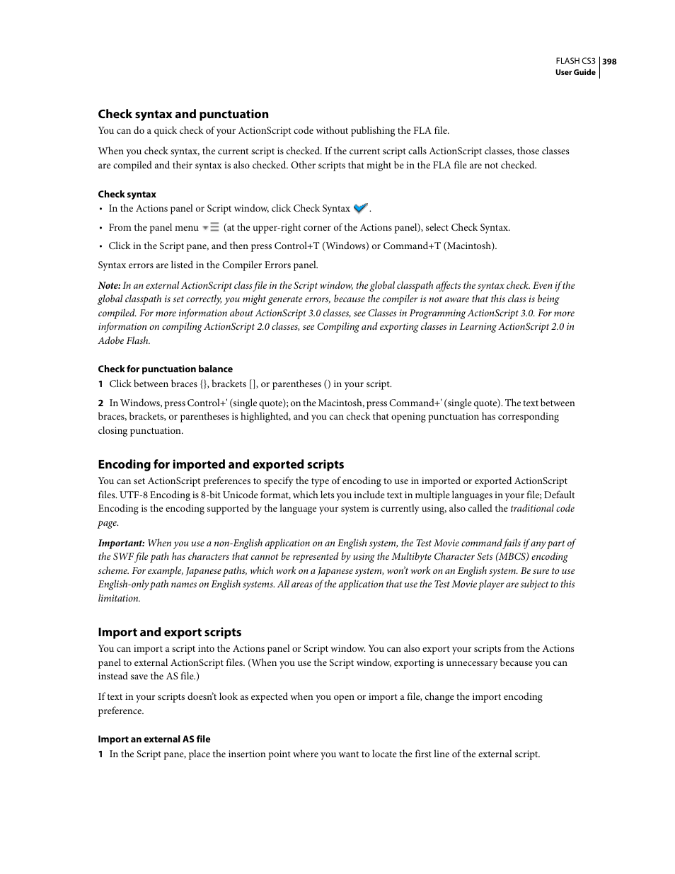 Check syntax and punctuation, Encoding for imported and exported scripts, Import and export scripts | Adobe Flash Professional CS3 User Manual | Page 404 / 527