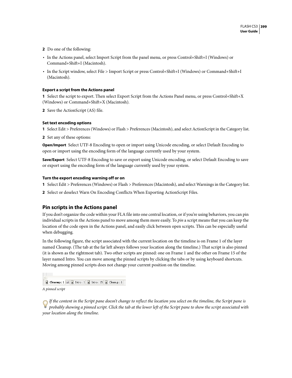 Pin scripts in the actions panel | Adobe Flash Professional CS3 User Manual | Page 405 / 527