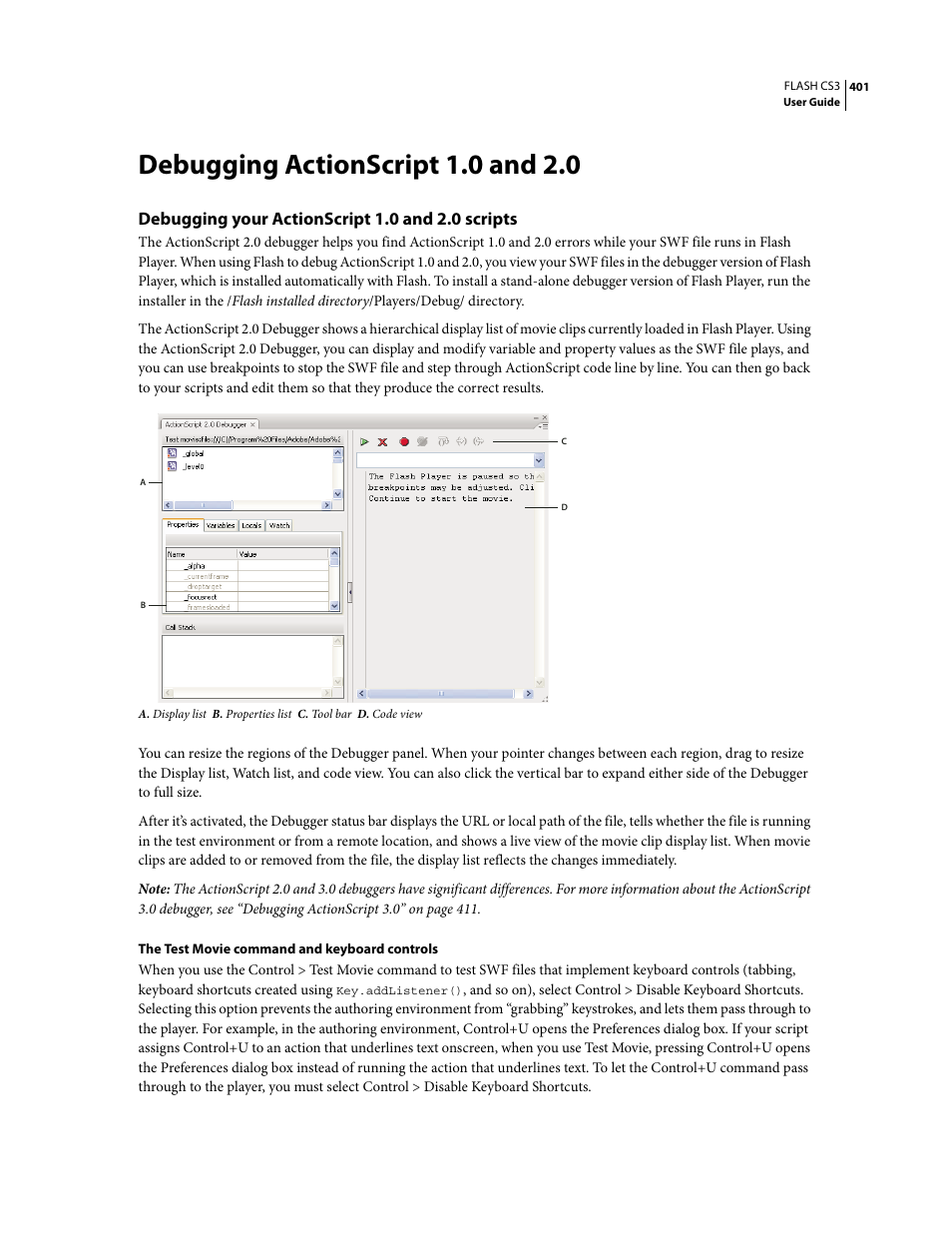 Debugging actionscript 1.0 and 2.0, Debugging your actionscript 1.0 and 2.0 scripts | Adobe Flash Professional CS3 User Manual | Page 407 / 527