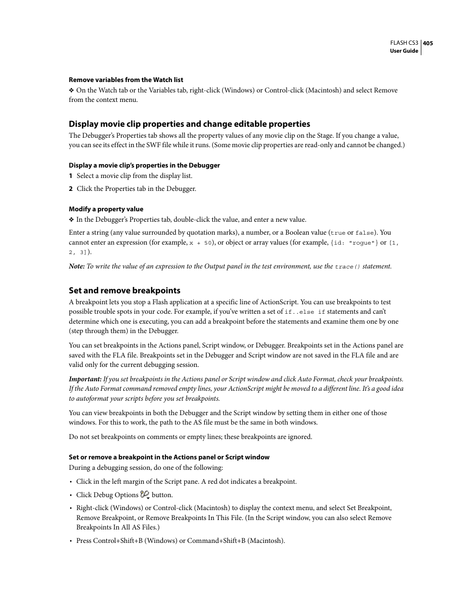 Set and remove breakpoints | Adobe Flash Professional CS3 User Manual | Page 411 / 527
