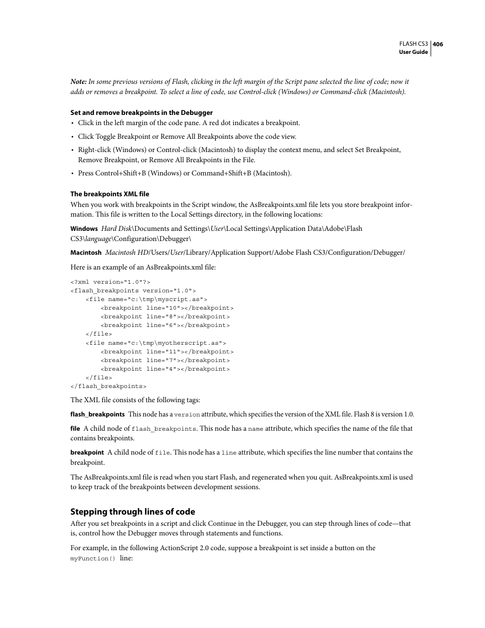 Stepping through lines of code | Adobe Flash Professional CS3 User Manual | Page 412 / 527