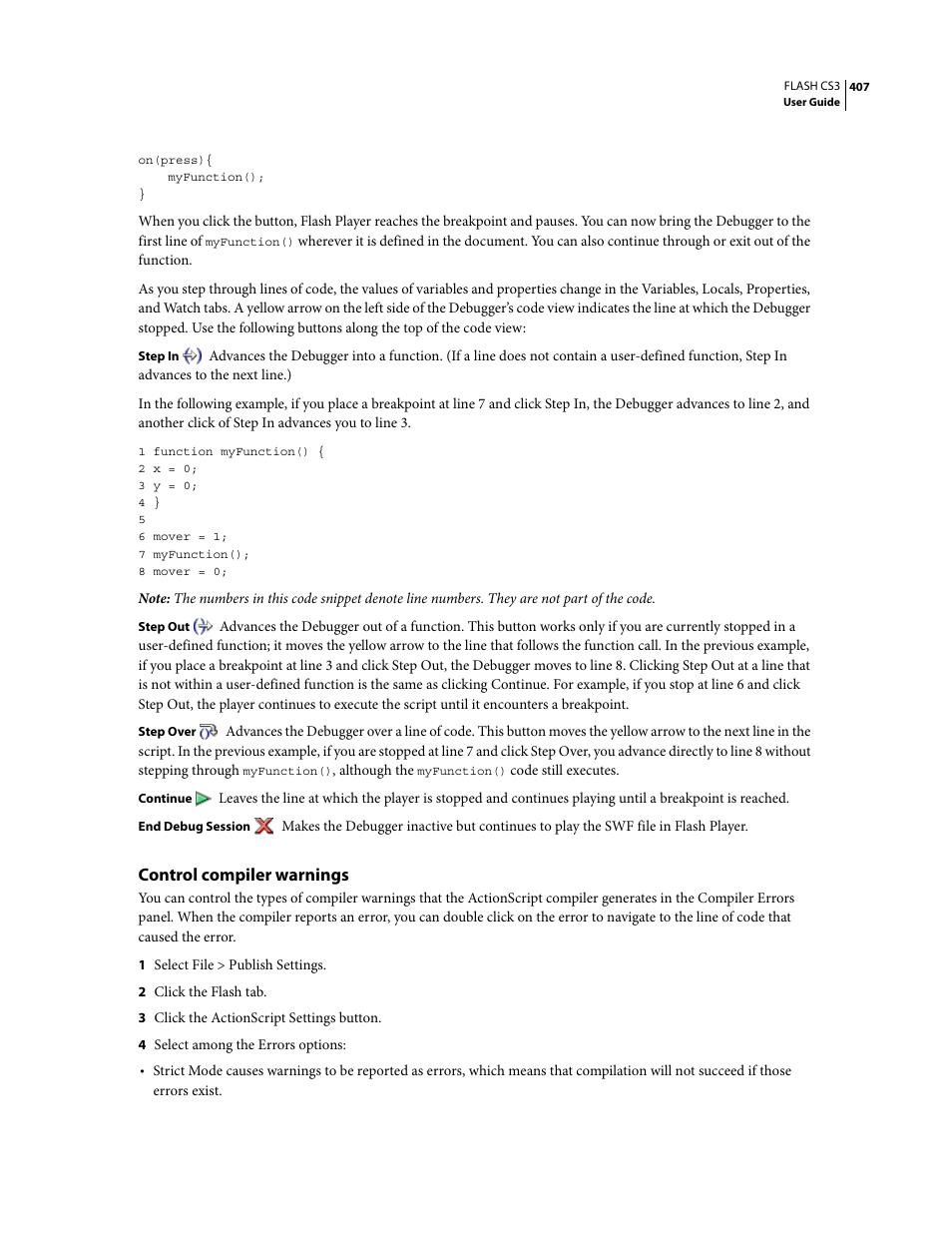 Control compiler warnings | Adobe Flash Professional CS3 User Manual | Page 413 / 527