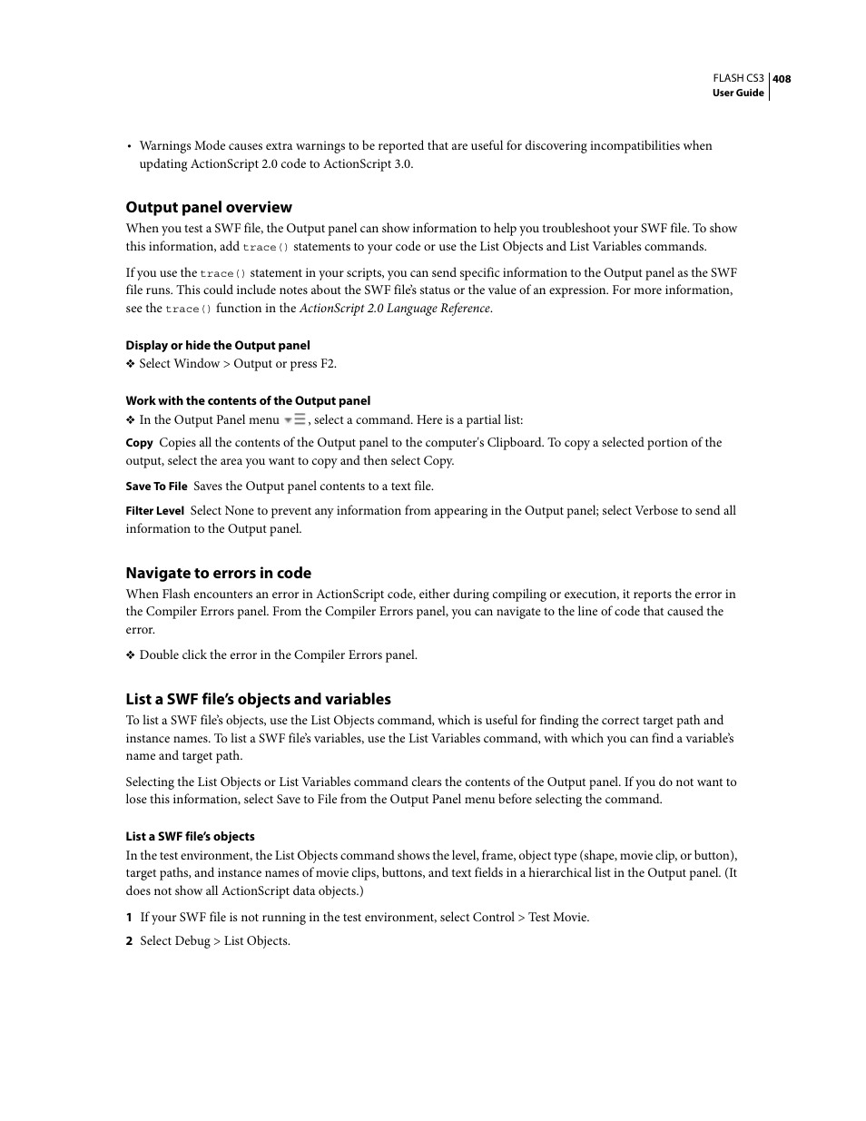 Output panel overview, Navigate to errors in code, List a swf file’s objects and variables | Adobe Flash Professional CS3 User Manual | Page 414 / 527