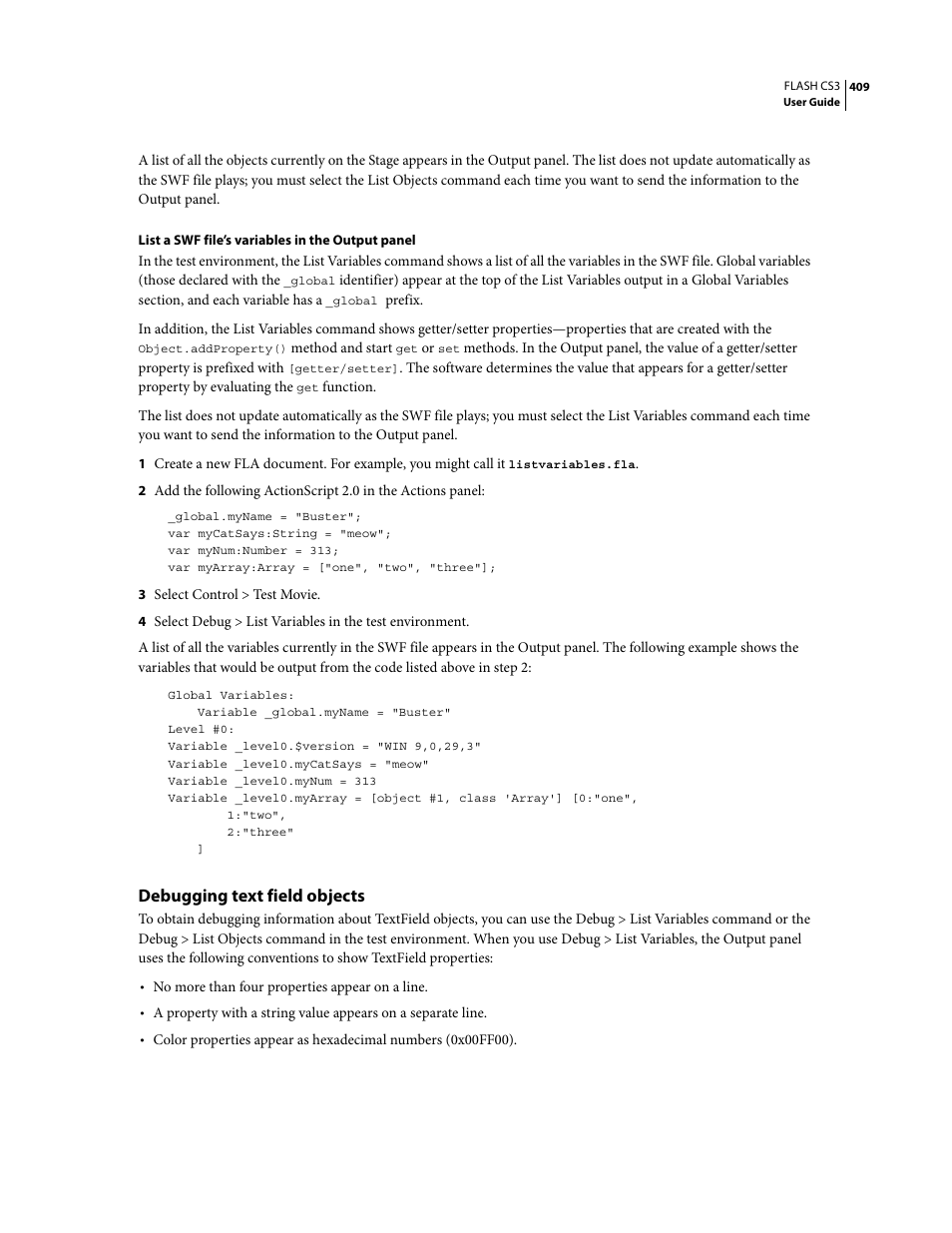 Debugging text field objects | Adobe Flash Professional CS3 User Manual | Page 415 / 527