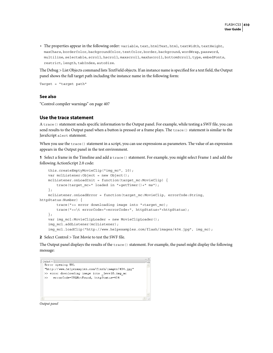 Use the trace statement | Adobe Flash Professional CS3 User Manual | Page 416 / 527