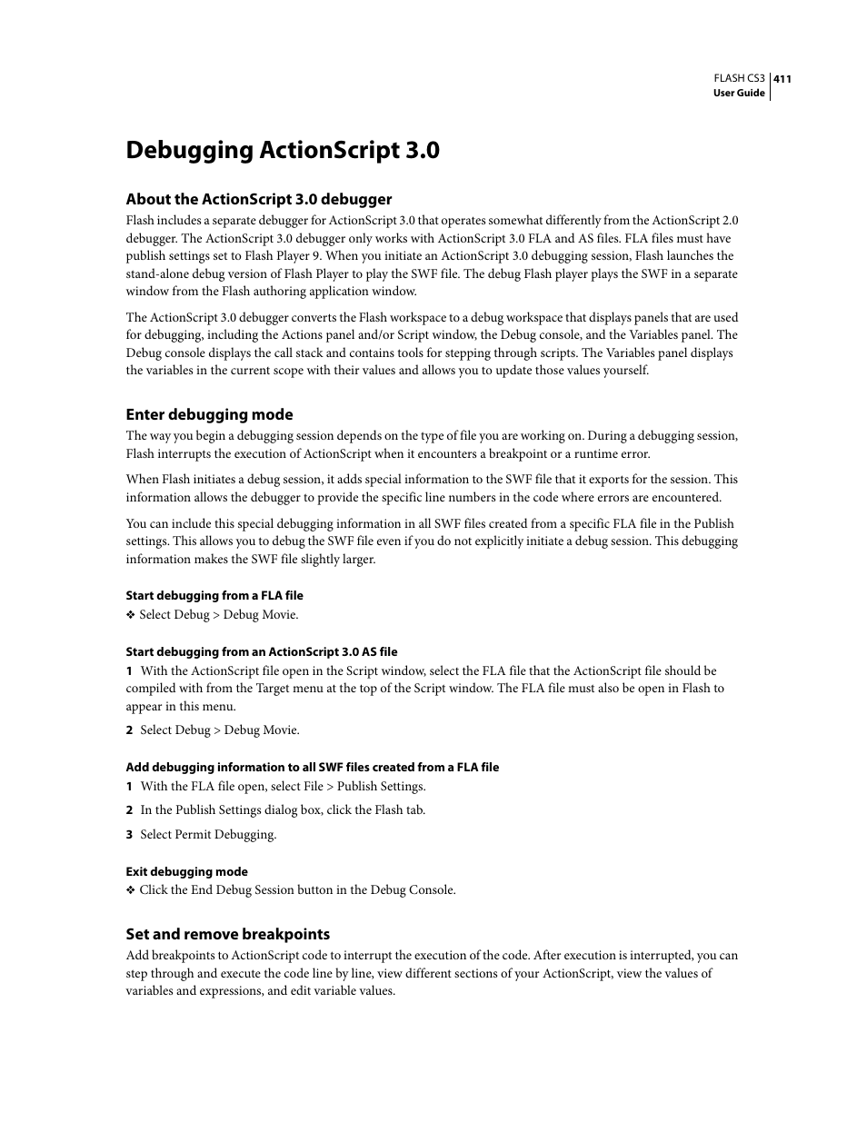 Debugging actionscript 3.0, About the actionscript 3.0 debugger, Enter debugging mode | Set and remove breakpoints | Adobe Flash Professional CS3 User Manual | Page 417 / 527