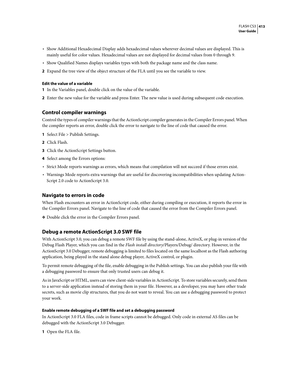 Control compiler warnings, Navigate to errors in code, Debug a remote actionscript 3.0 swf file | Adobe Flash Professional CS3 User Manual | Page 419 / 527