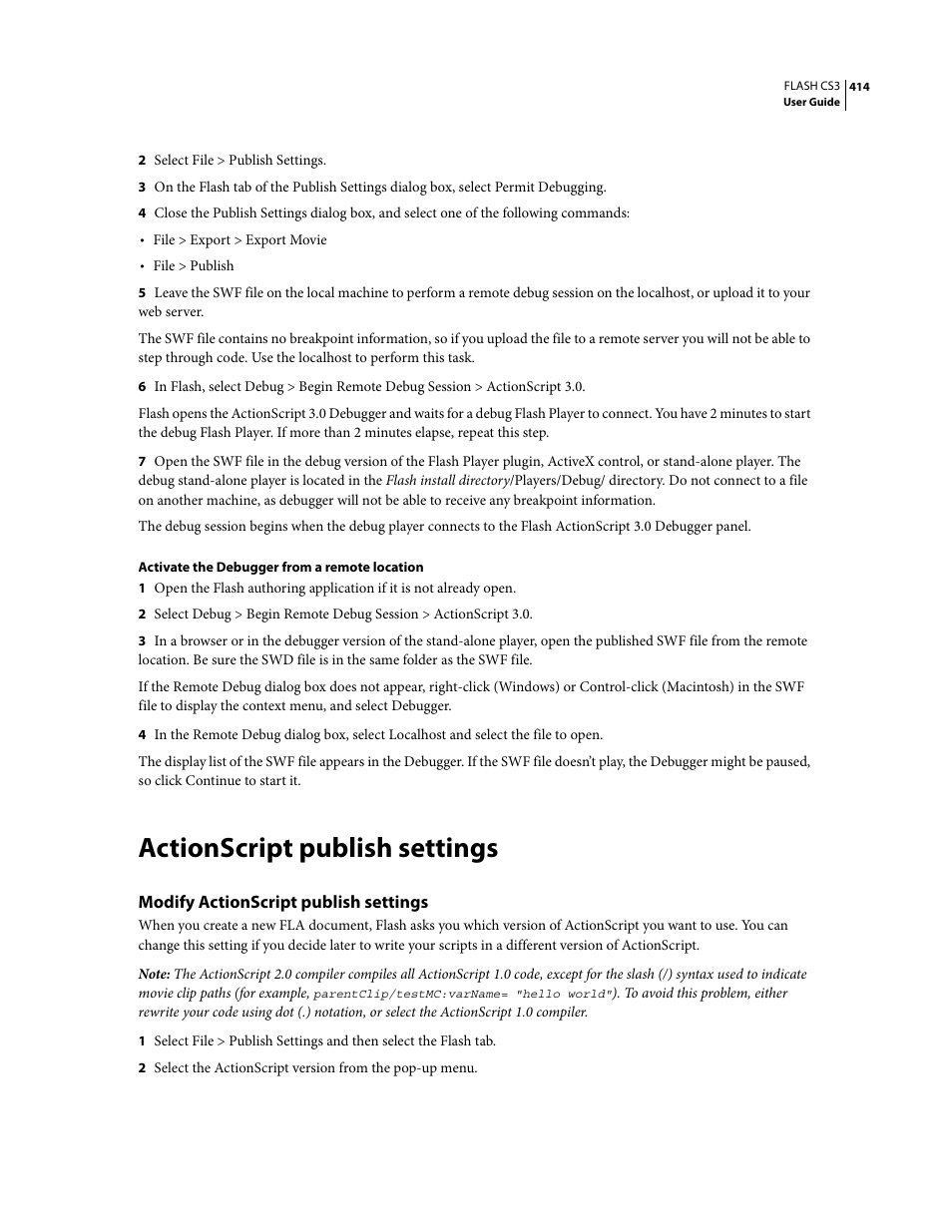 Actionscript publish settings, Modify actionscript publish settings | Adobe Flash Professional CS3 User Manual | Page 420 / 527