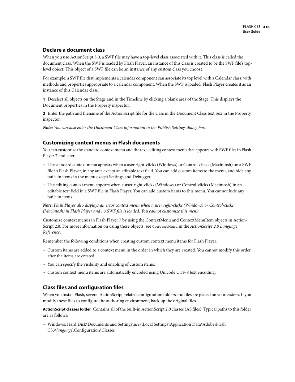 Declare a document class, Customizing context menus in flash documents, Class files and configuration files | Adobe Flash Professional CS3 User Manual | Page 422 / 527