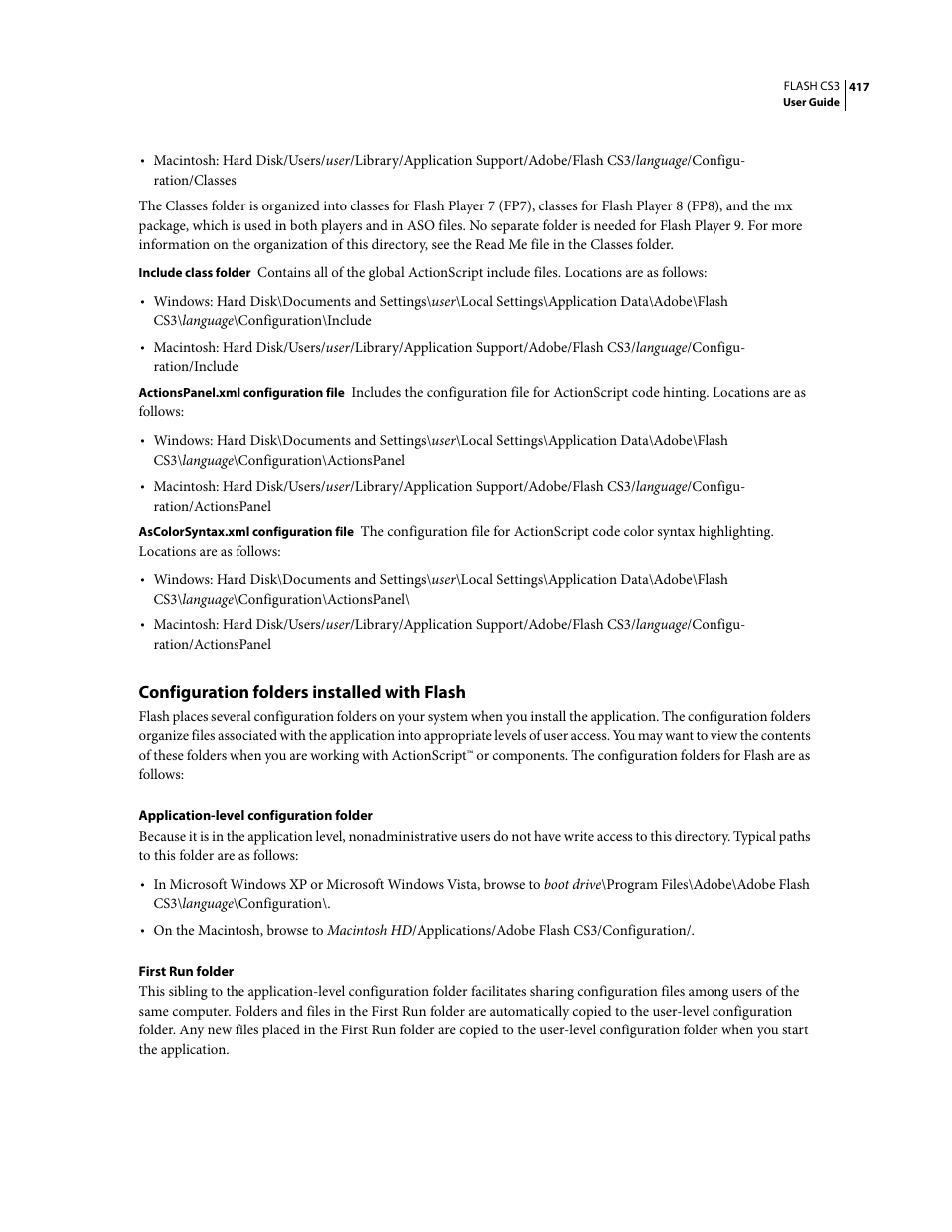 Configuration folders installed with flash | Adobe Flash Professional CS3 User Manual | Page 423 / 527