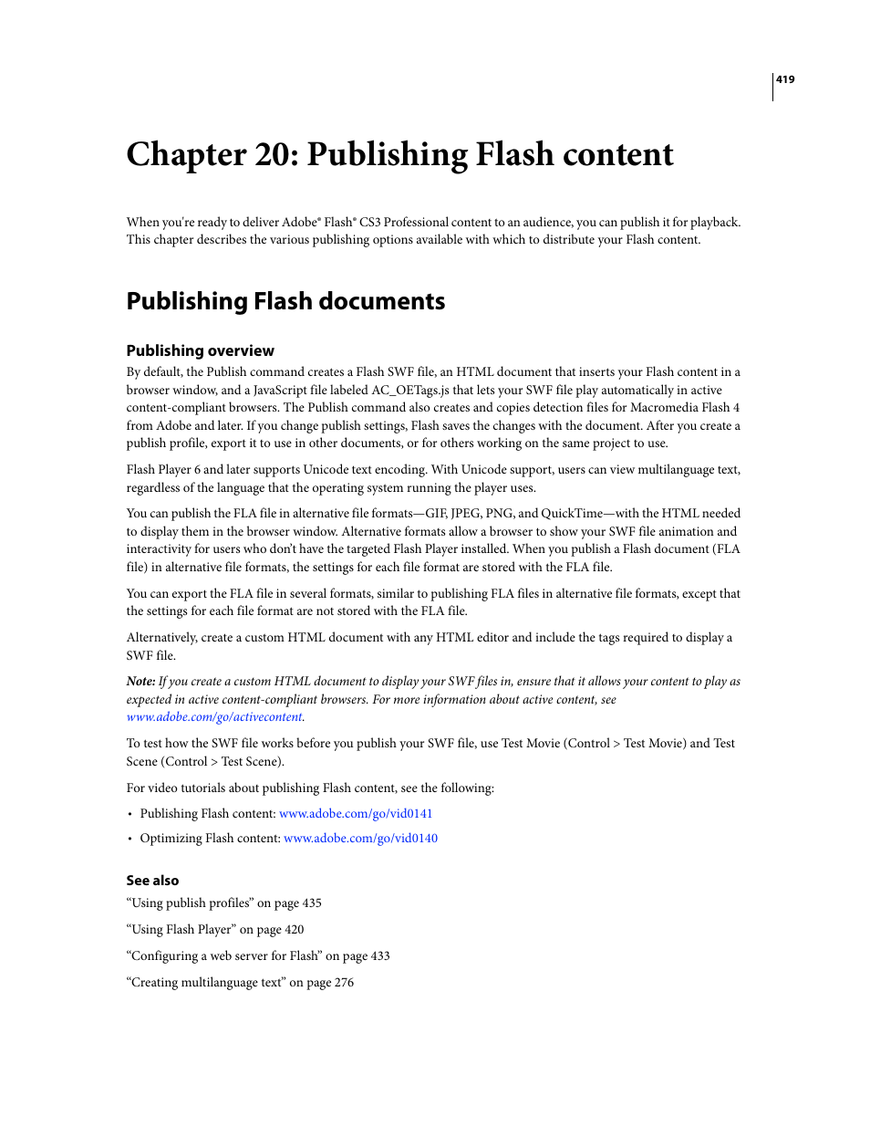 Chapter 20: publishing flash content, Publishing flash documents, Publishing overview | Adobe Flash Professional CS3 User Manual | Page 425 / 527